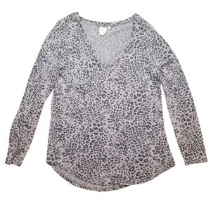 White Crow Leopard Print Long Sleeve Top XL Sheer V Neck Pocket Blouse